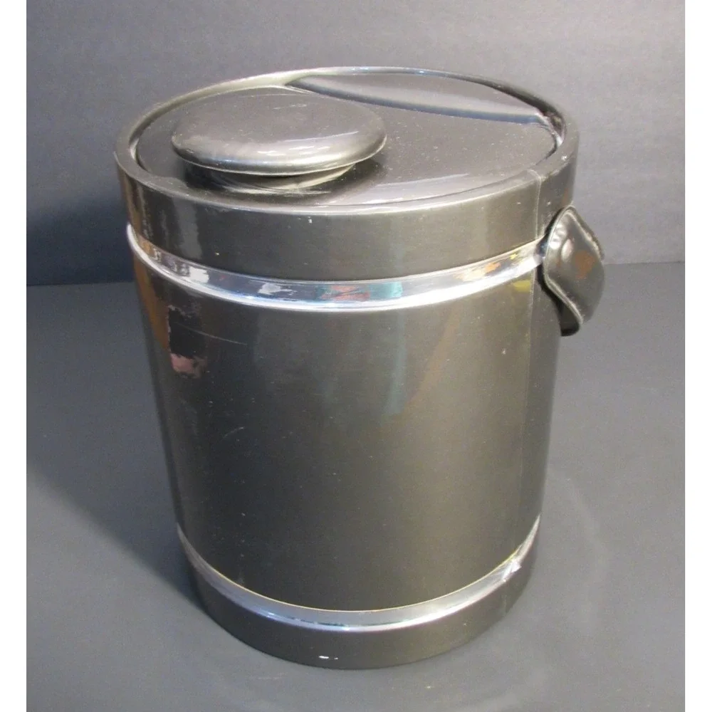Vintage Mid Century Modern Dark Gray Insulated Ice Bucket Handle Chrome Trim